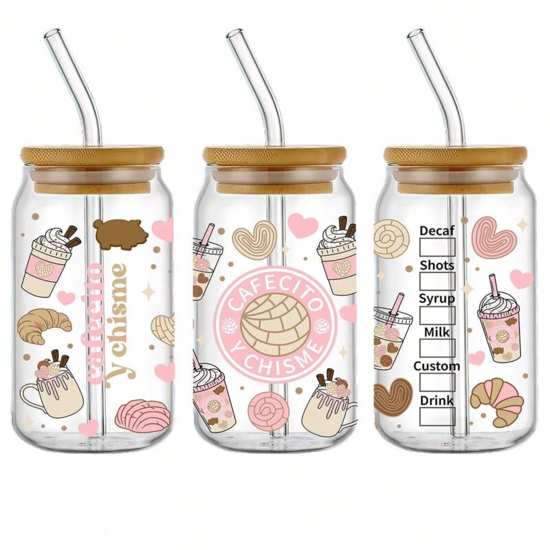 Vaso de vidrio 16 oz - Cafecito y Chisme D