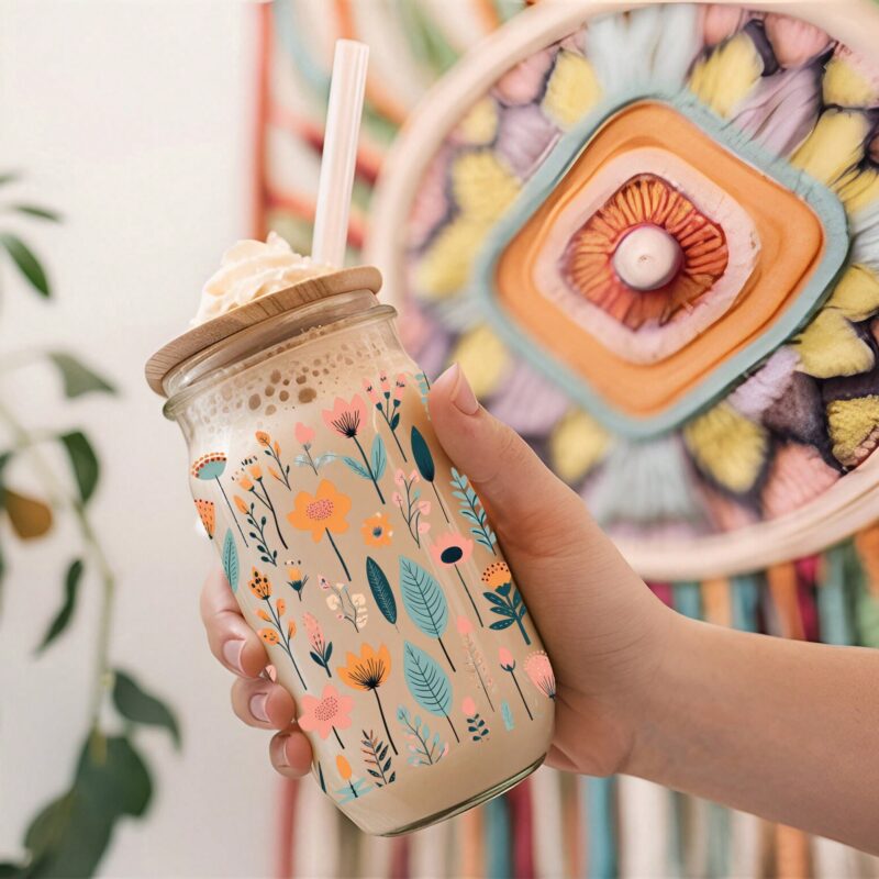 Vaso de vidrio 16 oz - Flores Primaverales D