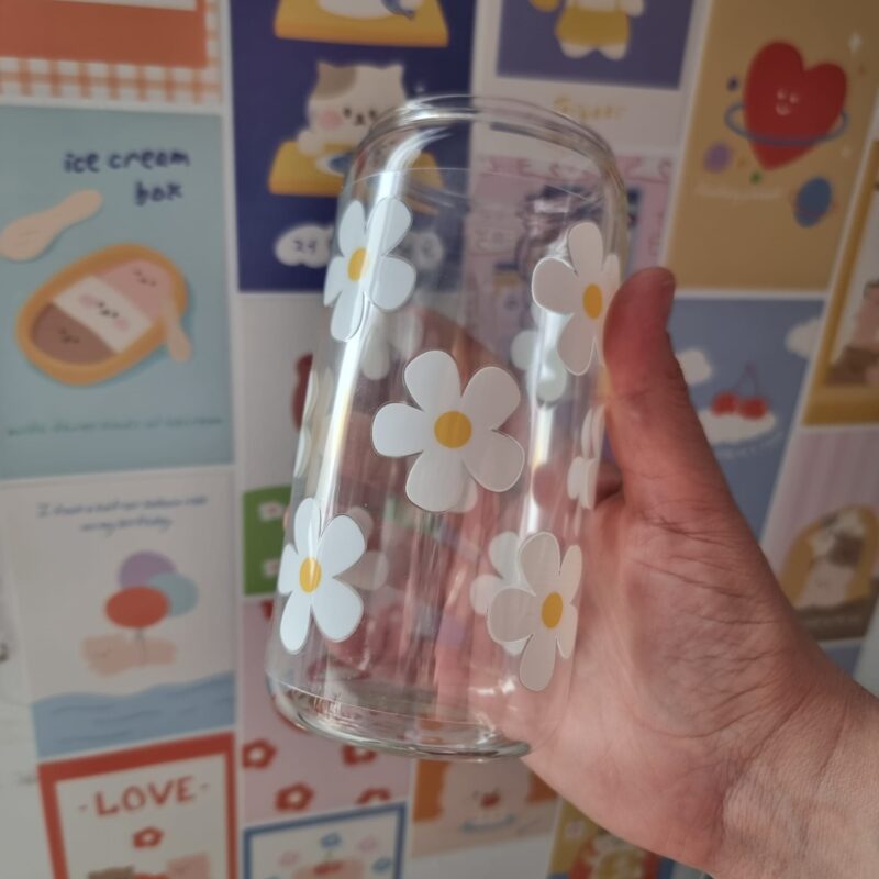 Vaso de vidrio 16 oz - Flores Blancas