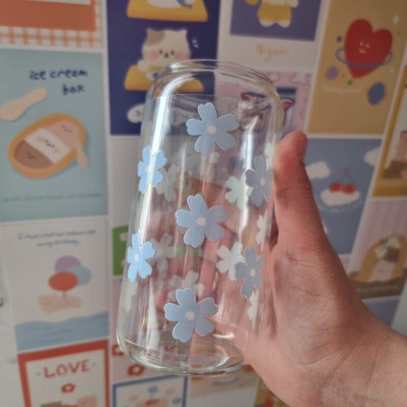 Vaso de vidrio 16 oz - Flores Azules